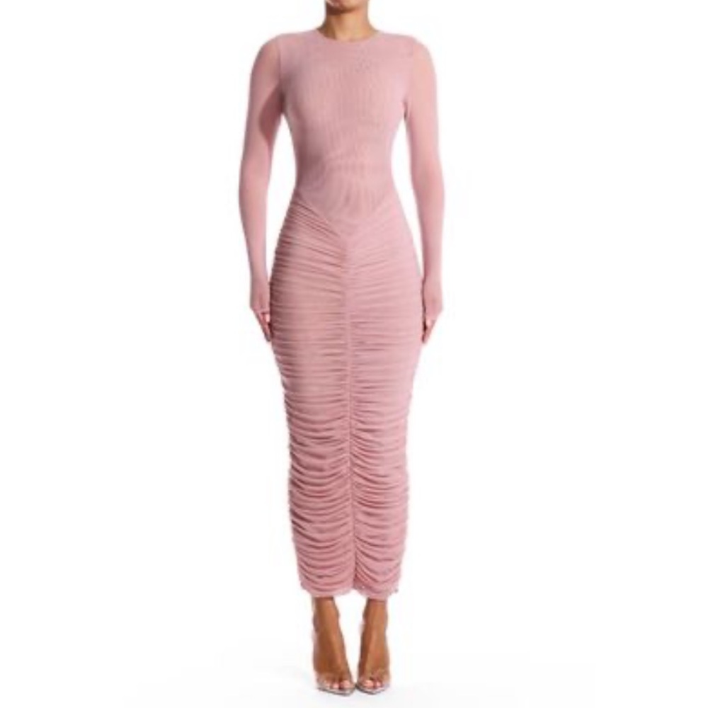 Naked Wardrobe Meshed It All Up Long Sleeve Maxi Dress in Pale Pink.